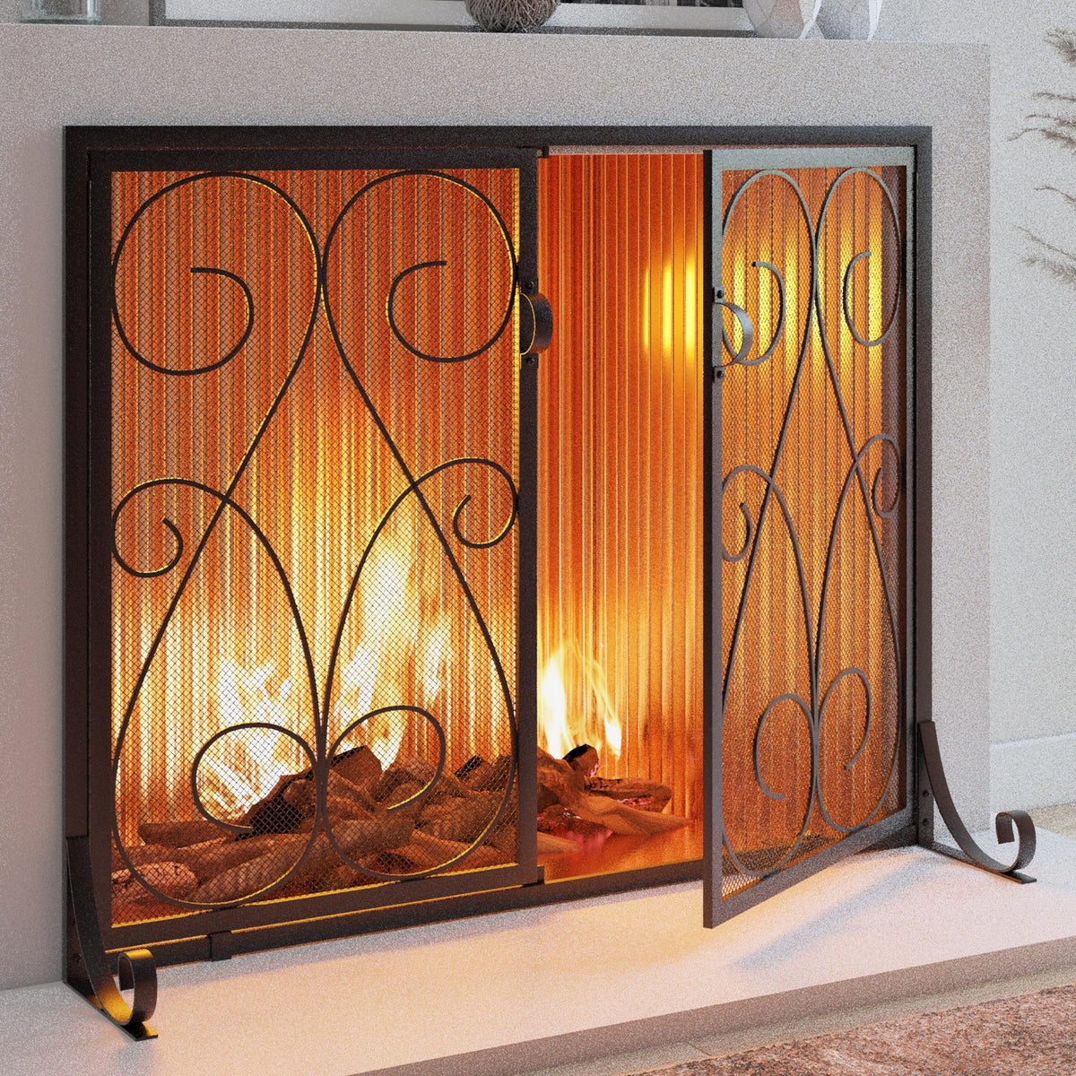 2-Panel Wrought Iron Fireplace Screen with Doors Black Y6416