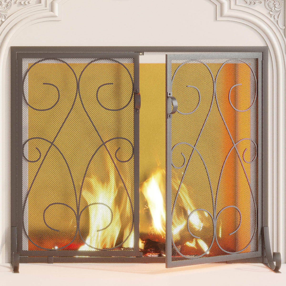 2-Panel Wrought Iron Fireplace Screen with Doors Black Y6416