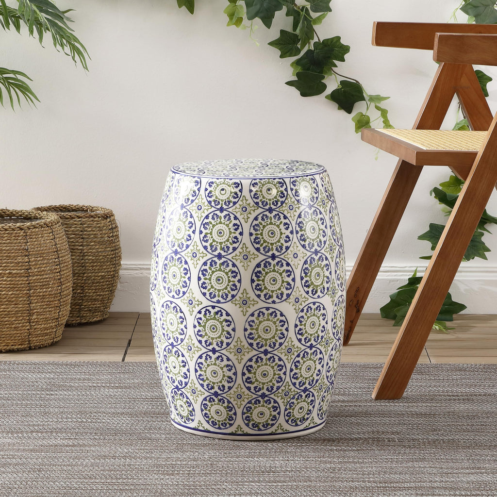Blue Green Ceramic Drum Garden Stool Z900