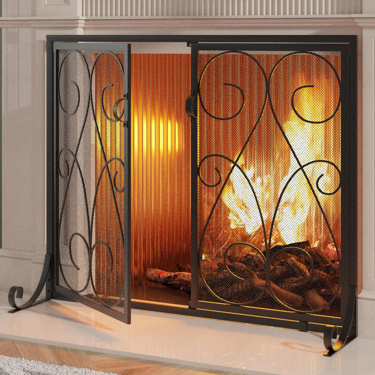 2-Panel Wrought Iron Fireplace Screen with Doors Black Y6416